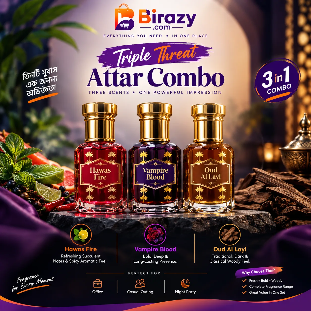 Triple Threat Attar Combo – Hawas Fire, Vampire Blood & Oud Al Layl